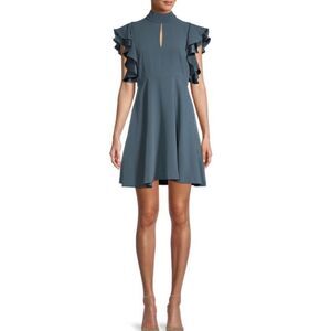 Cinq a Sept Reiko Flutter Sleeve Silk Contrast Dress in Blue NWT Size 8